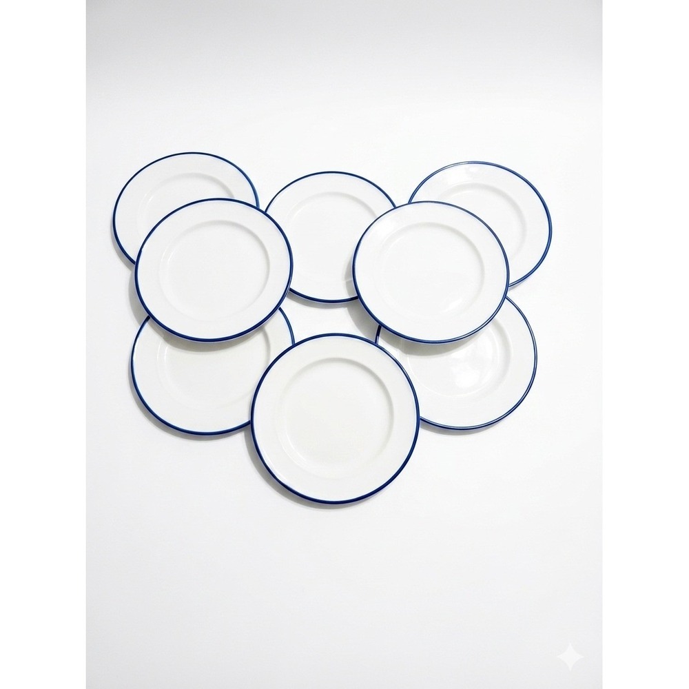 Fitz & Floyd Everyday White Bistro Blue Dinner Plates 10.5" Porcelain Set of 8